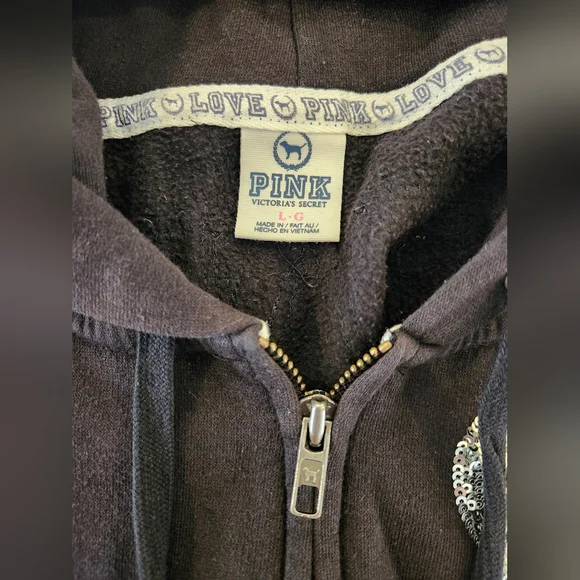 Victoria Secret PINK - Black Full Zip Hoodie With Silver Sequins Women's Large - Picture 4 of 7